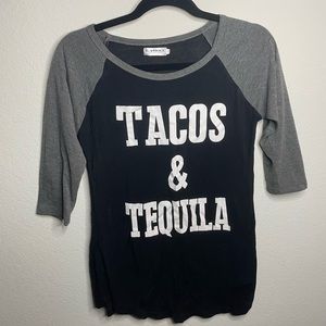 Small Womens Tacos and Tequila 3/4 Sleeve Top